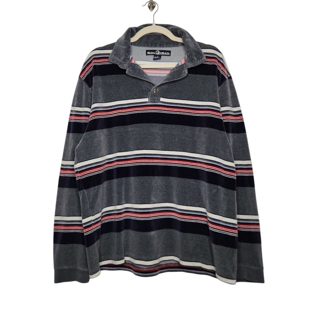Vintage Bullhead Velvet Velour Rugby Polo Long Sleeve Stripe Surf Skate Large